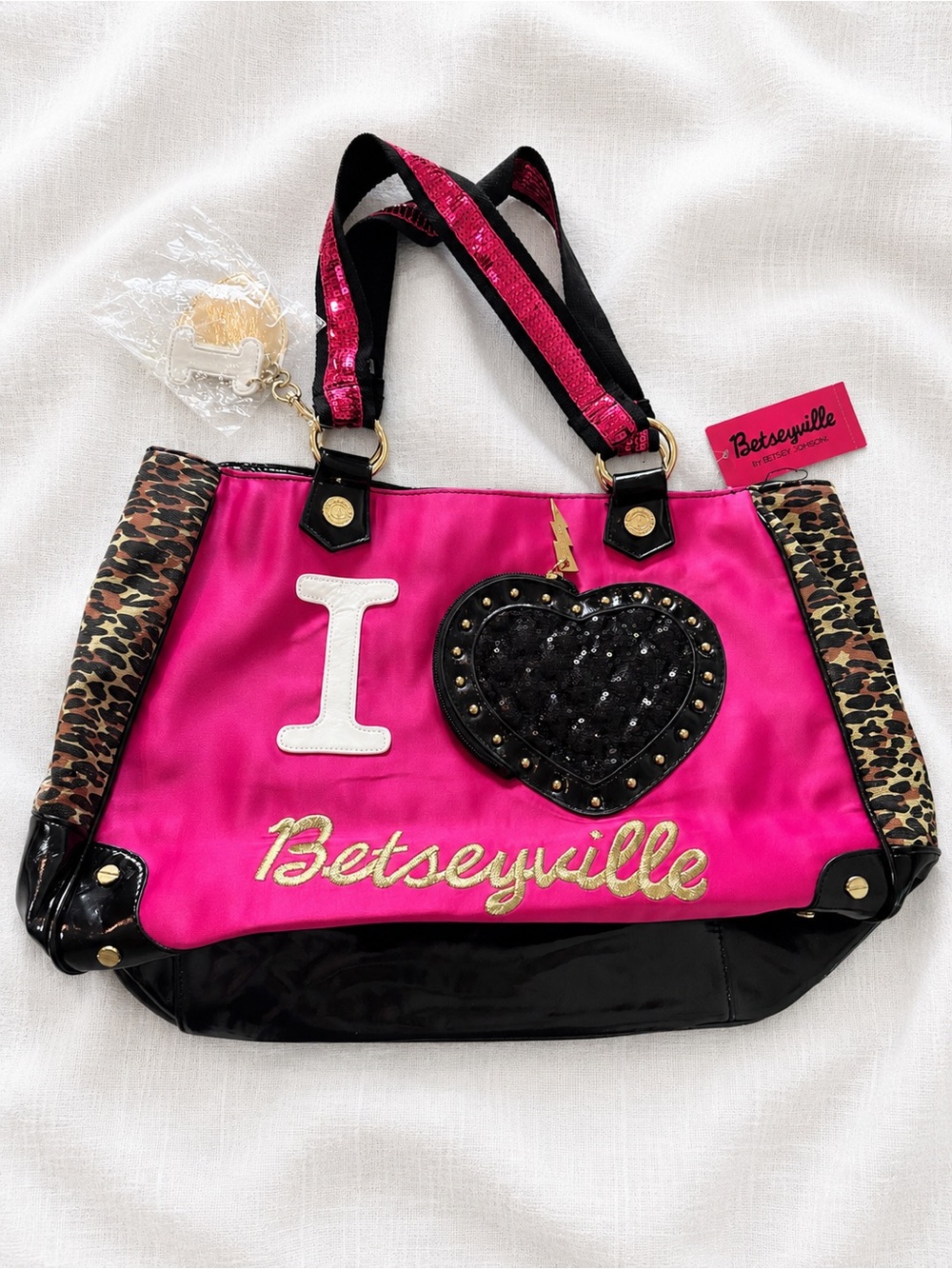Betsey Johnson Hot Pink Leopard Accent Tote with Black Patent Trim